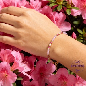 Natürliches Rosenquarz- und rosa Turmalinarmband, 3 mm subtile Edelsteinperlen, zierliches Kristallarmband, Heilarmband, Oktober Geburtsstein Bild 3