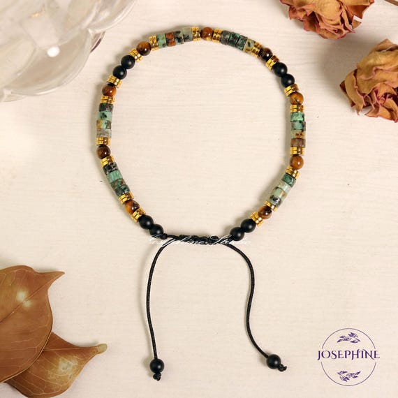 African Turquoise & Tiger Eye Tube Bead Bracelet - Healing, Adjustable, Unisex, With Gift Bag