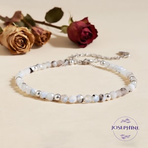 Tiny Rainbow Moonstone Beads Gemstone Bracelet in Sterling Silver, 3mm Crystal Beads Delicate Women Bracelet, Healing Balance Bracelet, gift
