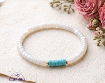 Blue Turquoise & Mother of Pearl Beaded Stretch Bracelet, Healing Emotional Balance Boho Summer Bracelet