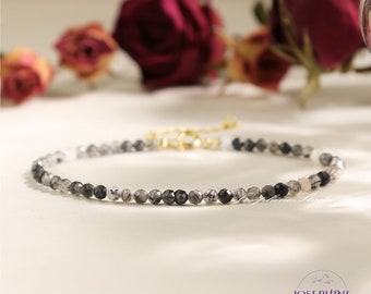 Tourmaline Rutilated Quartz Bracelet, Minimalist Dainty Gemstone Beads Bracelet, Healing Meditation Balance Calming Protection Bracelet