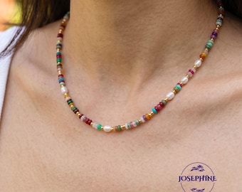 Rainbow Assorted Crystal Freshwater Pearl Choker Necklace, Summer Beach Colorful Necklace, Gift for her