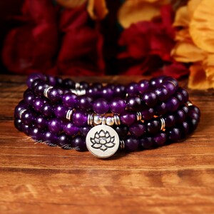 108 Mala Beads Bracelet-Natural Amethyst Stone Bracelet-Healing Yoga Bracelet-Calming Balance Meditation Spiritual Protection Bracelet Gifts