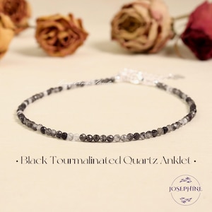Black Tourmalinated Quartz Anklet, 2mm Tiny Bead Anklet, Healing Anklet Crystal Jewelry, Minimalist Women Bracelet Anklet, Waterproof Anklet