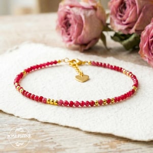 Dainty Ruby 14k Gold Plated Red Gemstone Bracelet, July Birthstone Jewelry, Minimalist Stacking Bracelet, Gift for Her