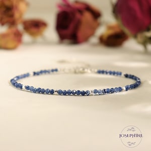 Dainty Natural Sapphire Bracelet, Tiny 2mm Deep Blue-Black Sapphire Gemstones, Sterling Silver, Stacking Bracelet, September Birthstone