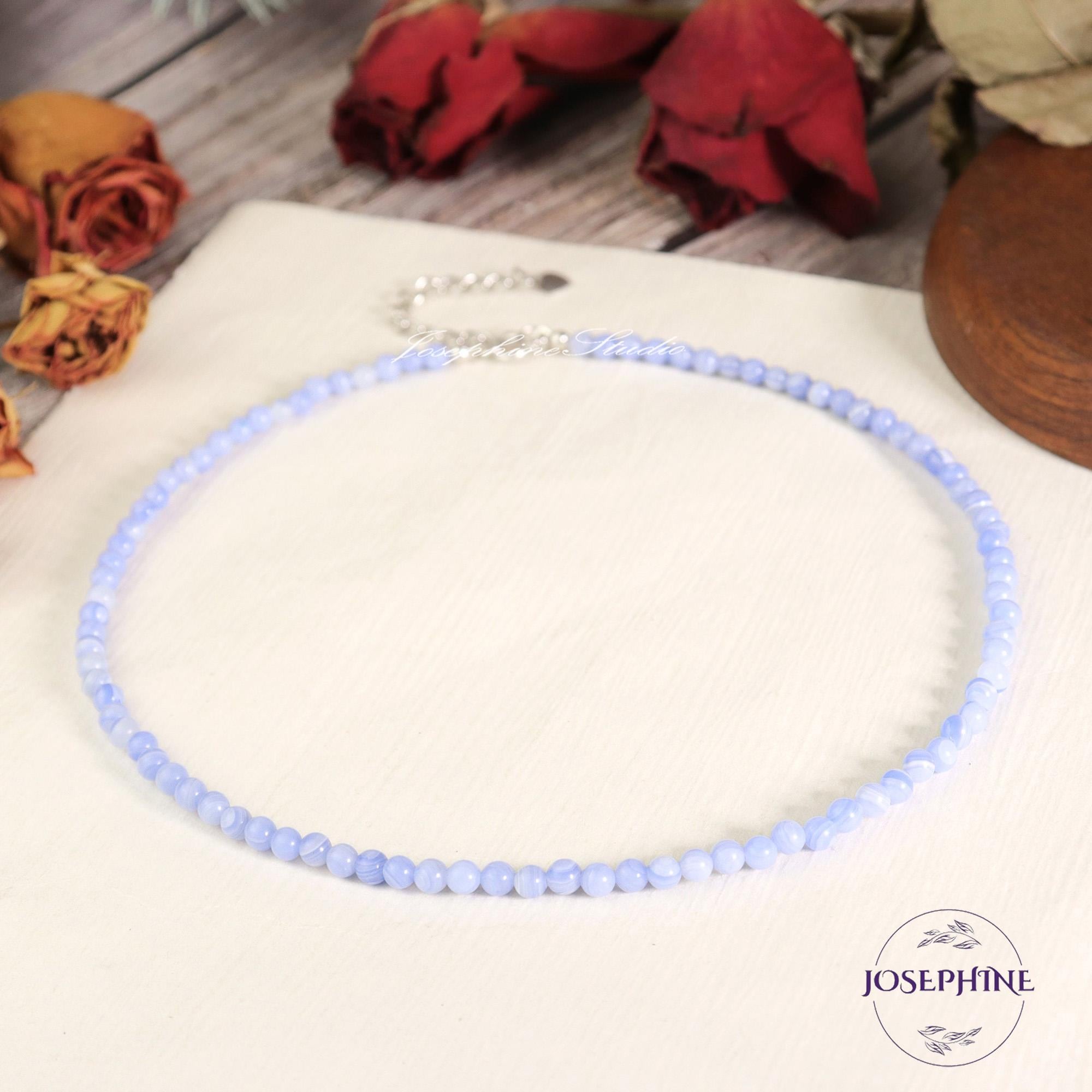 Natural Blue Lace Agate Round 3mm Beads Minimalist Women Choker, Gemstone Crystal Dainty Stunning Necklace, Waterproof Crystal Boho Choker
