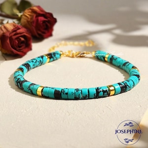 Blue Turquoise Bracelet, 4mm Tube Beads Gemstone Dainty Women Bracelet, Healing Balance Crystal Jewelry, Ideal Gift for Christmas Birthday