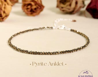 Pyrite Anklet Bracelet, 2mm Tiny Pyrite Beaded Anklet, Healing Crystal Gemstone Jewelry, Boho Style Minimalist Dainty Women Anklet Bracelet