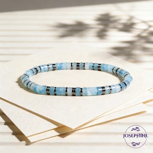 Aquamarine & Hematite Beaded Women Bracelet, Healing Balance Inner Peace Calming Crystals Bracelet, Great Gift for Women, Stretch Bracelet