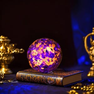May include: A purple and gold sphere with a textured surface sits on top of a closed book with gold accents. The book is on a blue surface with gold beads scattered around it.