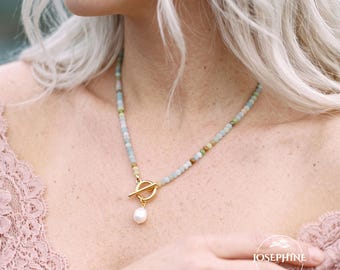 Natural Amazonite Beaded Women Necklace Choker, 14K Gold Toggle Clasp with Freshwater Pearl Charm