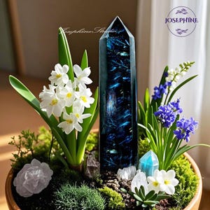 Puede incluir: Una punta de cristal azul con inclusiones blancas y plateadas está rodeada de flores blancas y azules, musgo y pequeños cristales blancos en una maceta de terracota. El texto "JOSEPHINE" es visible en la esquina superior derecha de la imagen.
