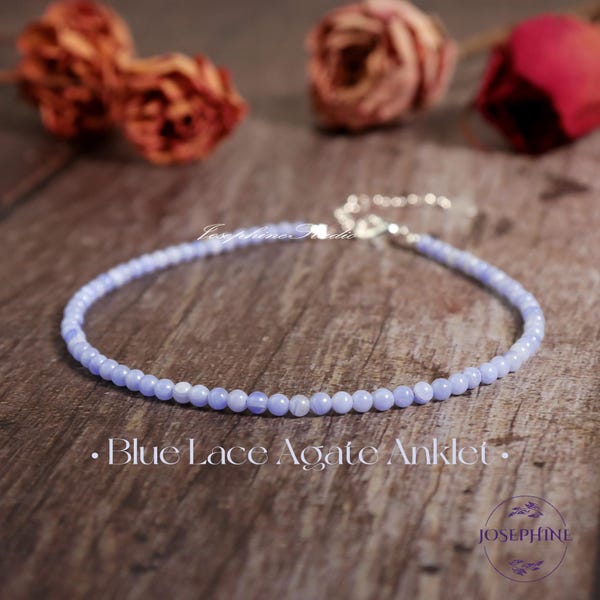 Tobillera de ágata azul con encaje, tobillera de piedras preciosas con cuentas redondas de 3 mm, tobillera relajante y curativa, tobillera minimalista de cristal para mujer, regalo para ella.