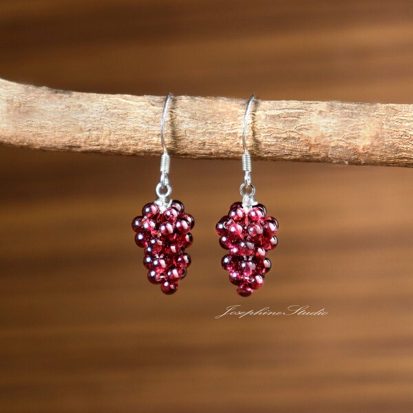 Garnet Earrings, Small Grape Shape Garnet Earrings, Dainty Earrings, Healing Inner Peace Earrings, Boho Style Cute Earrings, Gift for her