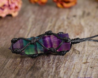 Rainbow Fluorite Necklace, Hexagonal Point Wire Wrapped Pendant Crystal Necklace, Healing Balance Chakra Necklace, Crystal Gift for her