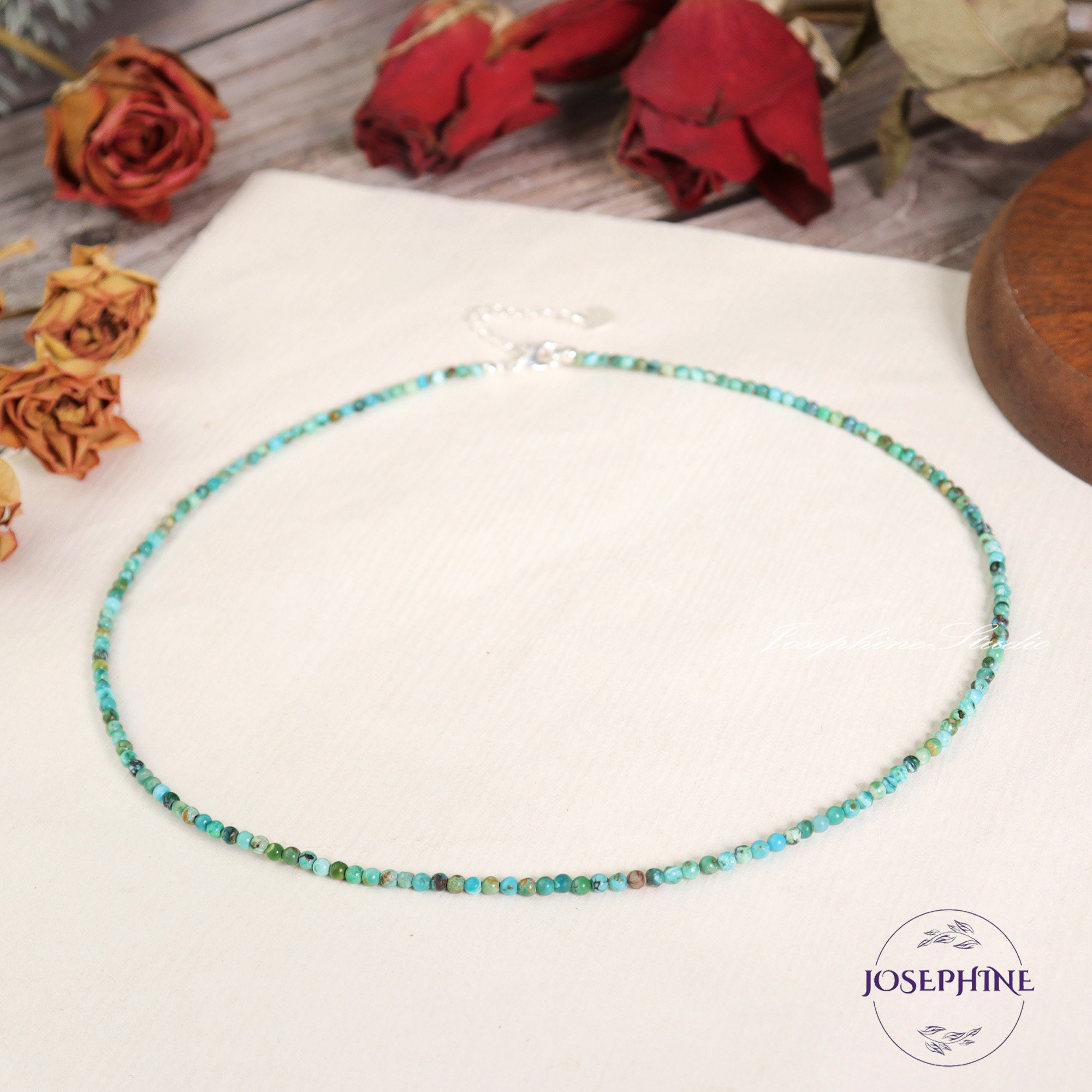 AA+ Grade Turquoise 2mm Gemstone Beaded Minimalist Women Choker, Gemstone Crystal Dainty Beaded Necklace, Waterproof Crystal Boho Choker