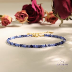 Blue Sodalite Bracelet, 3mm Square Bead Natural Gemstone Crystal Bracelet in Sterling Silver, Minimalist Dainty Bracelet, gift for her women