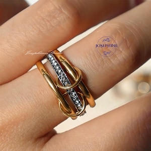 Multi Link Connected Ring, 14K Gold Stackable Band, Eternity Statement Stacking Ring , Gold Interlocking Zircon Ring, CZ Ring, Size US 7-8
