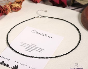 Tiny Black obsidian Gemstone Beaded Minimalist Choker, Dainty Gemstone Bead Necklace, Waterproof Crystal Choker, With Stone Meaning Card