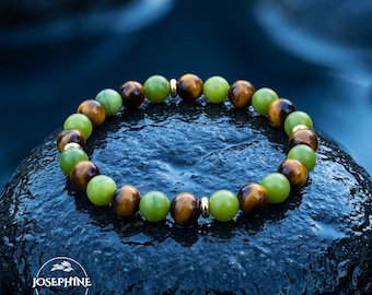 Tiger Eye & Green Jade Beaded Stretch Bracelet, Healing Strength 8mm Round Beads Crystal Gemstone Bracelet for Women
