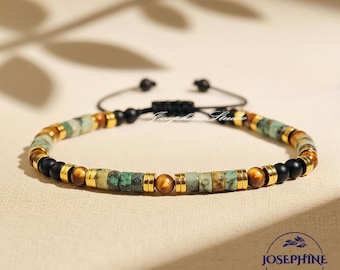 African Turquoise, Tiger Eye & Black Onyx Beaded Stacking Women Men Adjustable Bracelet, Healing Triple Protection Bracelet, Ideal Gift