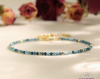 Minimalist Dainty Beads Gemstone Bracelet Gold Filled Bracelet, Blue Tourmaline 2mm Beads Crystal Bracelet, Healing Meditation Protection
