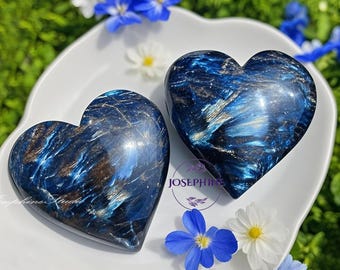 2"+ Arfvedsonite Heart Stone / High Flash Blue Fire Work Stone / Heart Shape Polished Tumbled Palm Stone / Energy Crystal Healing Gift 5-8cm