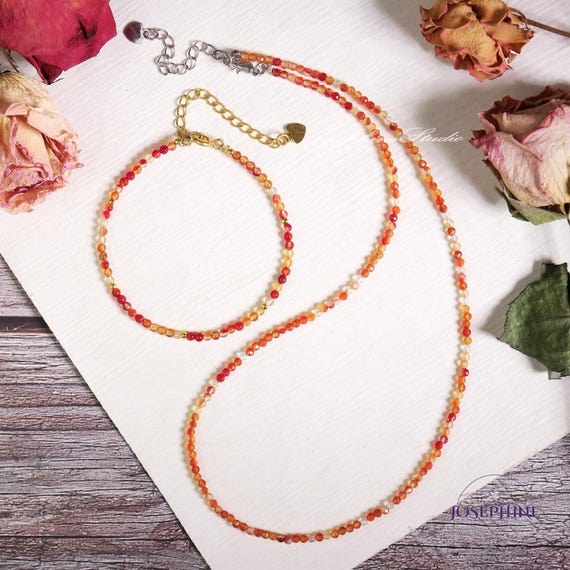 Natural Carnelian Bracelet Necklace Set, Subtle 2mm Beads Minimalist Delicate Jewelry Set, Healing Women Gemstone Jewelry, Christmas Gifts