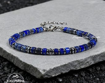 Blaues Lapislazuli & Hämatit Herren Armband, Bestes Ideales Geschenk für Ehemann Papa, Heilschutz Stärke Leistungsstarkes verstellbares Retro Armband
