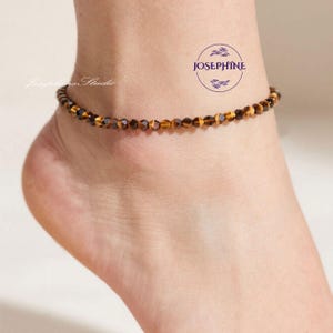 Tiger Eye Anklet, 2mm Small Gemstone Faceted Beads Anklet, Healing Strength Calming Anklet, Minimalist Women Tiger&#39;s Eye Bracelet Anklet
