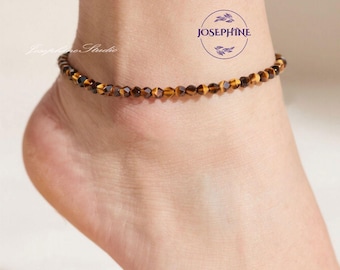 Tiger Eye Anklet, 2mm Small Gemstone Faceted Beads Anklet, Healing Strength Calming Anklet, Minimalist Women Tiger's Eye Bracelet Anklet