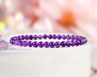 Grade A++ Amethyst Crystal Bead Bracelet 4mm, Purple Amethyst Bracelet, Healing Crystals, Great Gift for Men & Women, Christmas gift