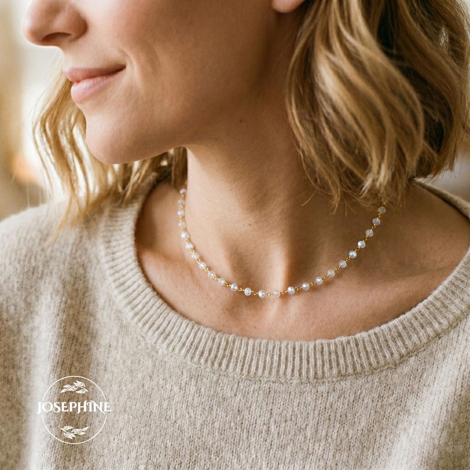 Dainty Subtle Moonstone Beaded Necklace Choker, Gold Chain Minimalist Simple Necklace Gift for Women