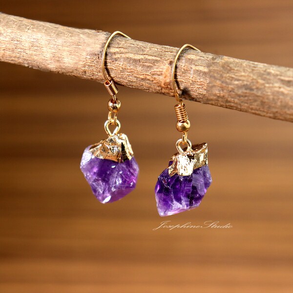 Amethyst Earrings, Raw Rough Amethyst Dangle Earrings, Natural Gemstone Crystal Earrings, Healing Inner Peace Crystal Earrings, Gift for her