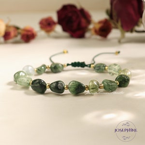 Moss Agate Bracelet, Hand Braided Gemstone Green Crystal Adjustable Bracelet for Women, Healing Meditation Balance Calming Bracelet, Gifts