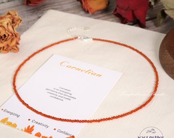 Collar de cornalina natural, gargantilla de cuentas, gargantilla de cuentas redondas de 2 mm, collar de piedra natal de agosto, collar de cuentas ultra delicado para mujer.