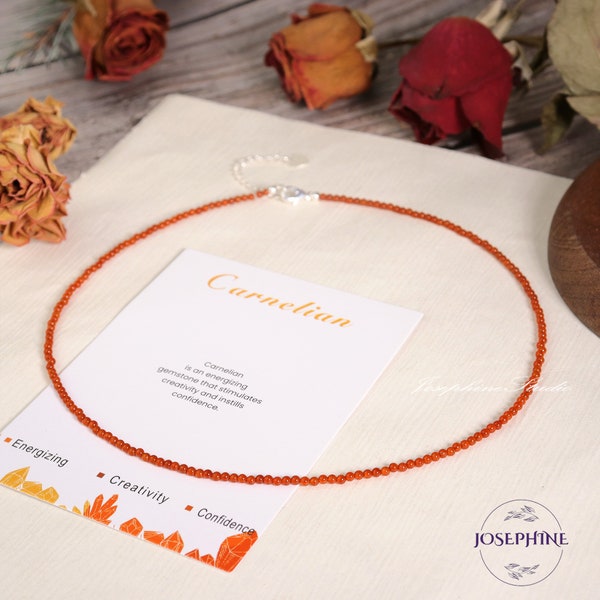 Natural Carnelian necklace, Beaded necklace Choker, 2mm Round Beads Choker, August birthstone necklace, ultra dainty bead Women necklace,