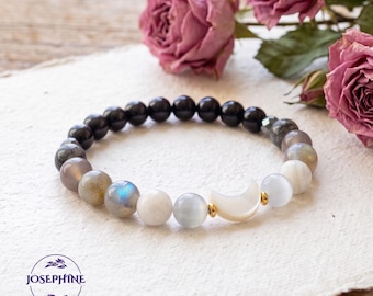 Lunar Energy Moon Phase Crystal Bracelet, Moonstone Labradorite Beaded Crescent Charm Stretch Healing Bracelet for Women Men