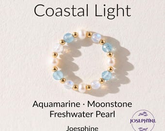 Coastal Light Summer Beach Crystal Waterproof Ring: Aquamarine, Moonstone & Freshwater Pearl | Healing Energy Stretch Ring