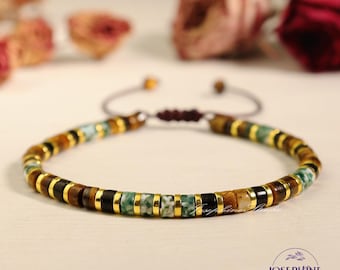 Tiger's Eye and Green Spot Jasper Beaded Crystal Gemstone Bracelet, Adjustable Bracelet for Women Men, Healing Protection Balance Crystal