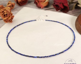 Lapis Lazuli Tiny 2mm Gemstone Beaded Minimalist Layering Choker, Gemstone Crystal Dainty Beaded Necklace, Waterproof Crystal Boho Choker