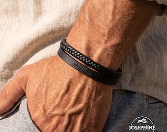 Personalized Name Date Engraved Leather Bracelet for Men – Braided Double Layer - Magnetic Clasp