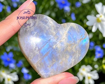 2"+ Moonstone Heart Stone / High Blue Flash Stone / Heart Shape Polished Tumbled Palm Stone / Energy Crystal Healing Gift 5-8cm