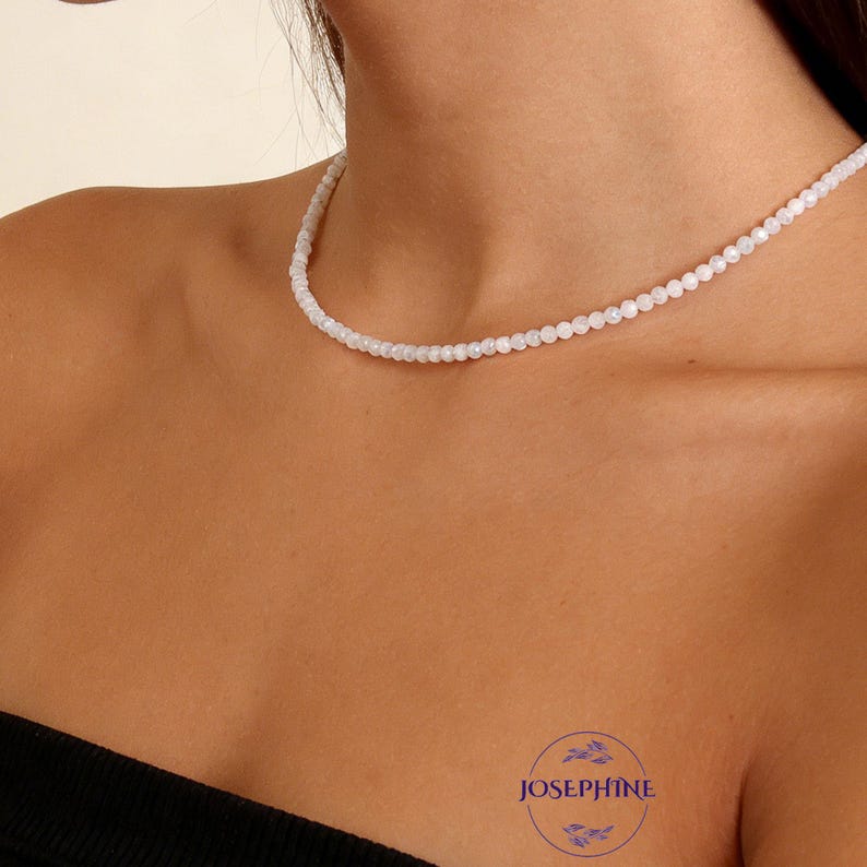 White Moonstone Beaded Minimalist Dainty Choker, Natural Gemstone Beads Necklace, Crystal Women Boho Style Choker, Healing Jewelry Gift image 3