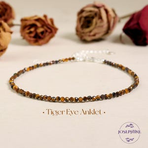 Natural Tiger&#39;s Eye Anklet, 2mm Small Faceted Beads Anklet, Healing Strength Protection Anklet, Minimalist Women Tiger Eye Bracelet Anklet