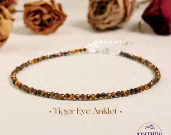 Natural Tiger's Eye Anklet, 2mm Small Faceted Beads Anklet, Healing Strength Protection Anklet, Minimalist Women Tiger Eye Bracelet Anklet