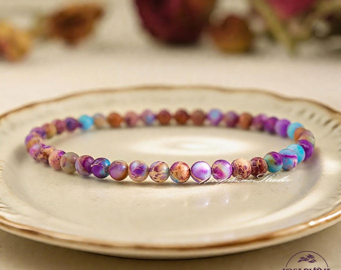 Gemstone Crystal Jewelry, Galaxy Sea Sediment Jasper Bracelet, 4mm Small Beads Dainty Stretch Bracelet, Healing Meditation Balance Bracelet