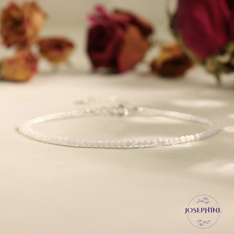 Natural Selenite Dainty Gemstone Healing Bracelet Gift, Tiny White Gemstone Beads, Skinny Stacking Bracelet, 925 Sterling Silver Bracelet, Birthday gift, Christmas gift, Couples gift, Gift for Women her,  Women gift, Mother's Day gift