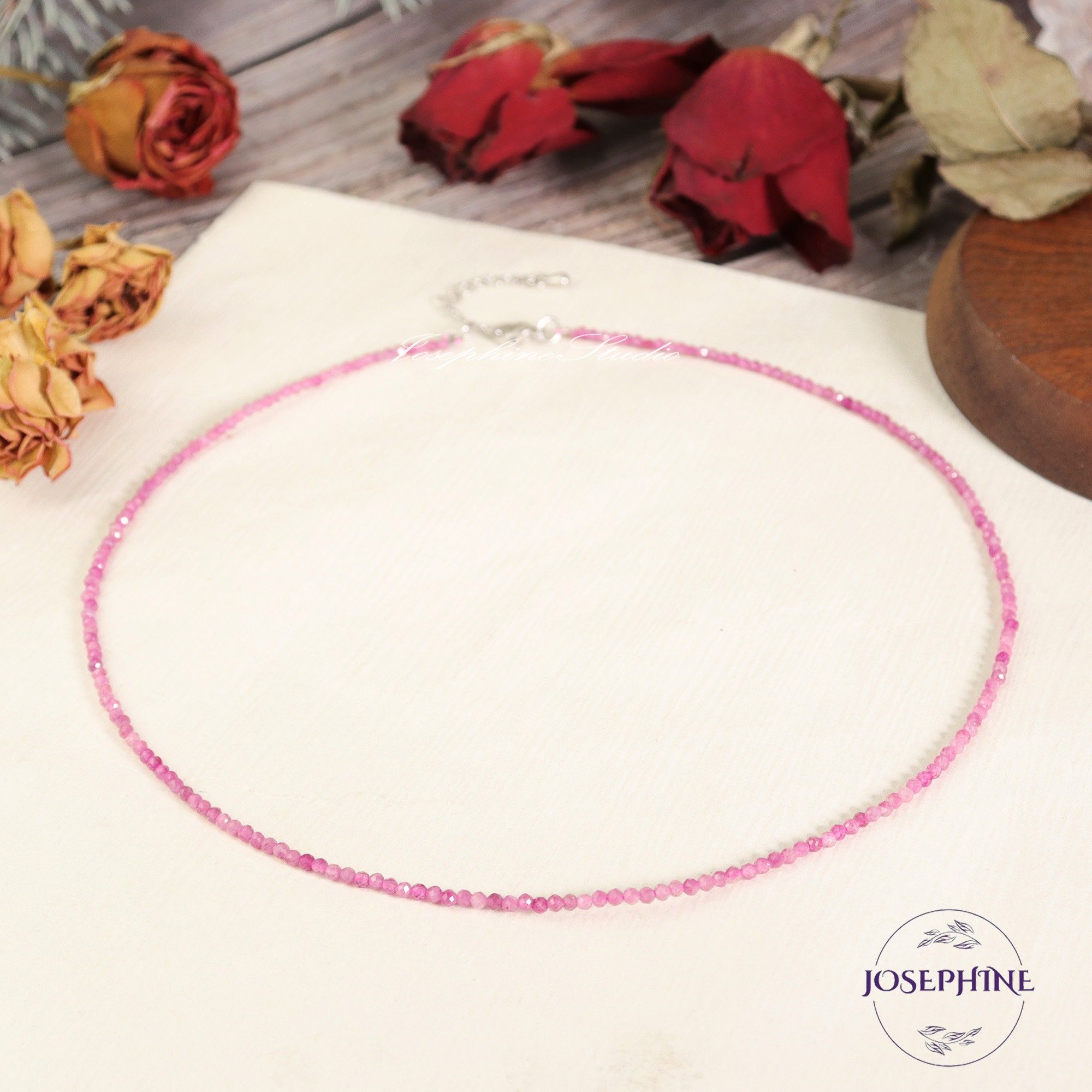 AA+ Grade Pink Tourmaline Beaded Minimalist Choker, 2mm Tiny Pink Gemstone Beads Necklace, Waterproof Crystal Choker, Healing Jewelry Gift